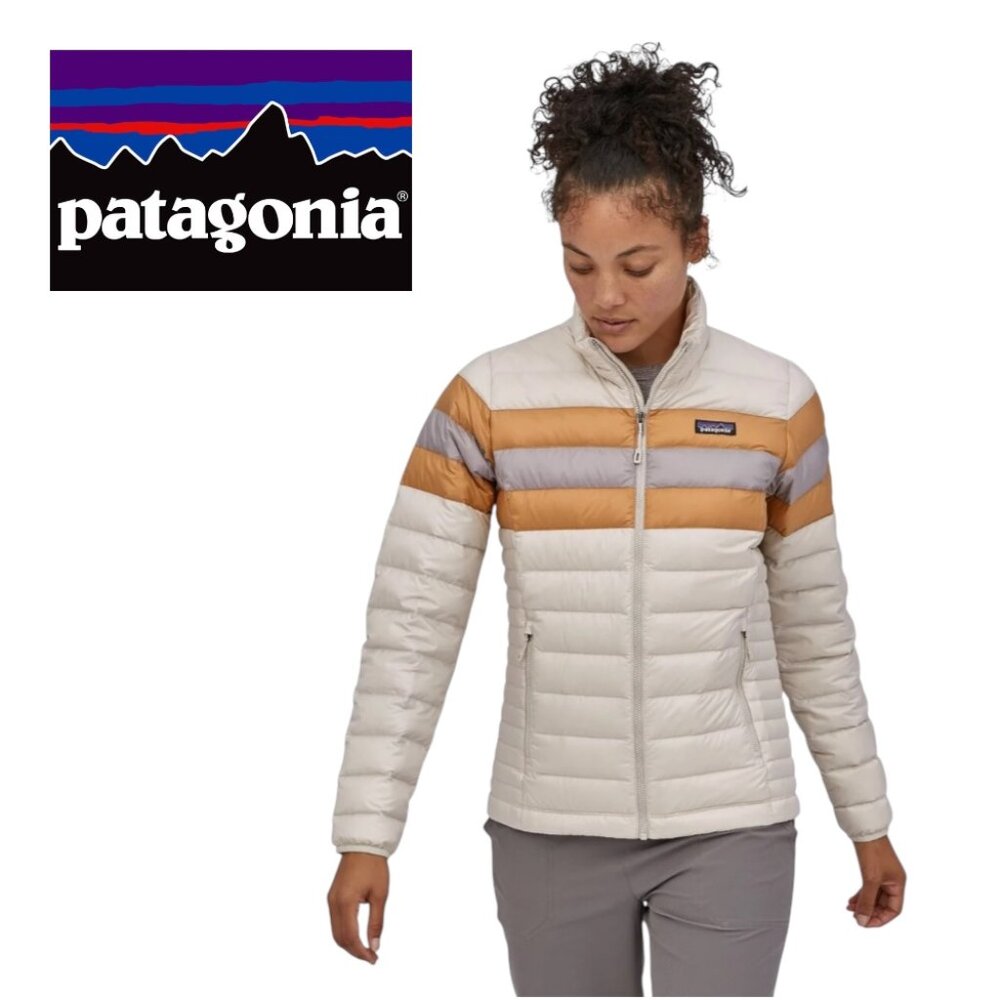 Patagonia Down Puffer Jacket Gold Silver Striped Winter Outdoor Women's